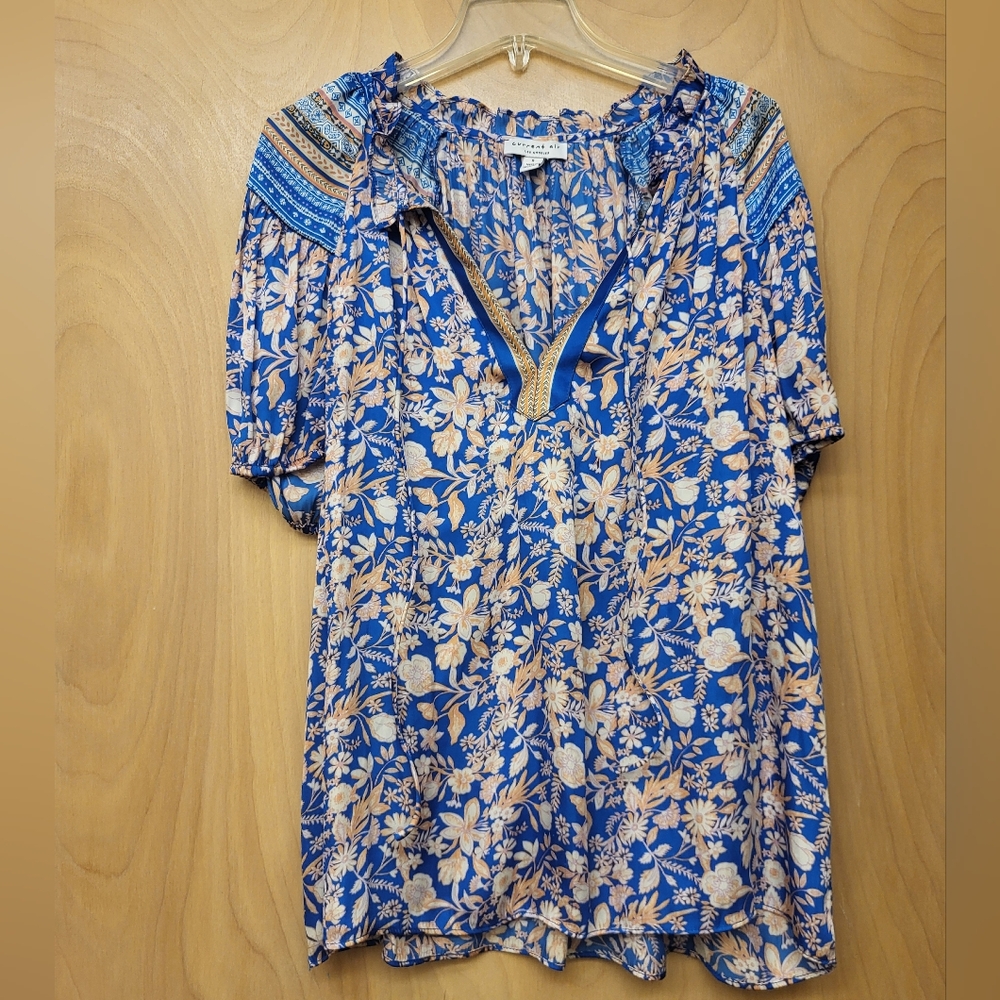Current Air Anthro Blue Paisley Boho Tassle Top S